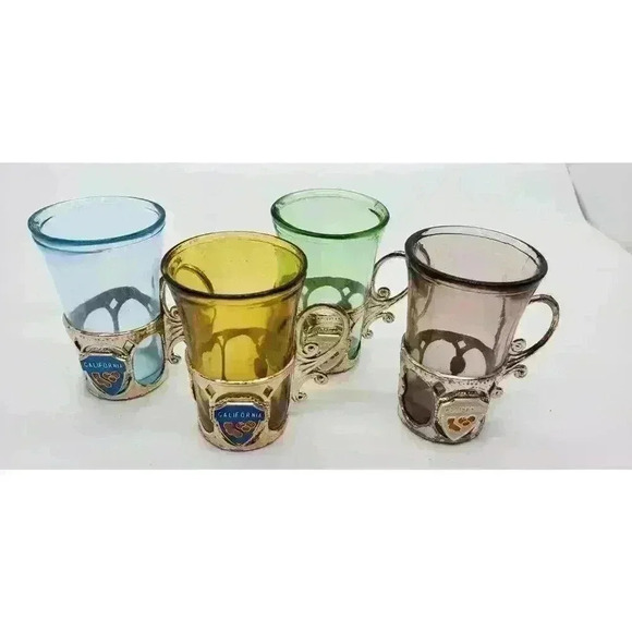 Vintage California Souvenir Shot Glasses Silver Handled Holders Set Of 4 1950s - Picture 2 of 14